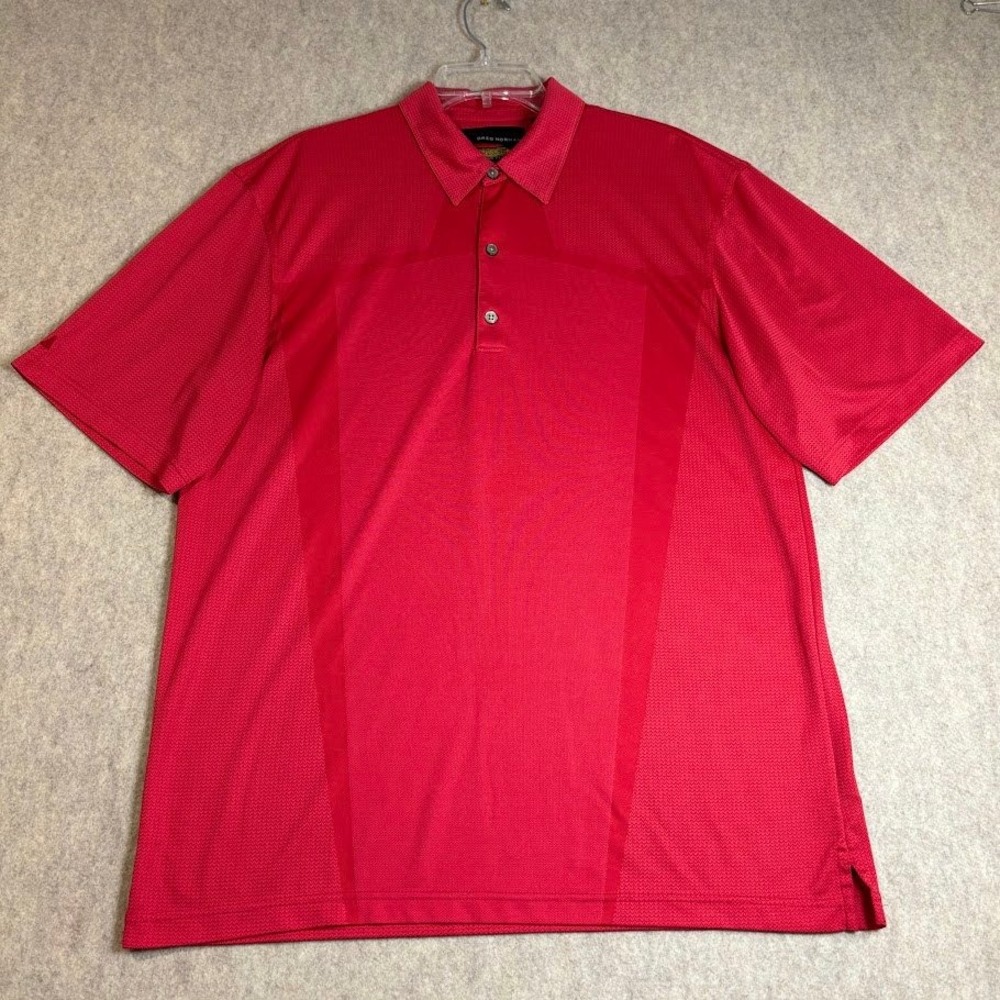 Greg Norman Polo Shirt Mns Large Red Polyester Performance Golf Play Dry Classic